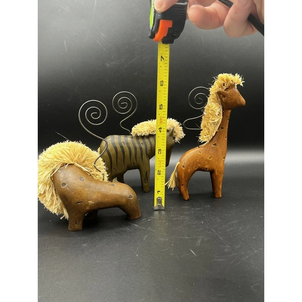 Carved Wood Animal Note Picture Holders Lion Giraffe Zebra Raffia Boho~ Set of 3